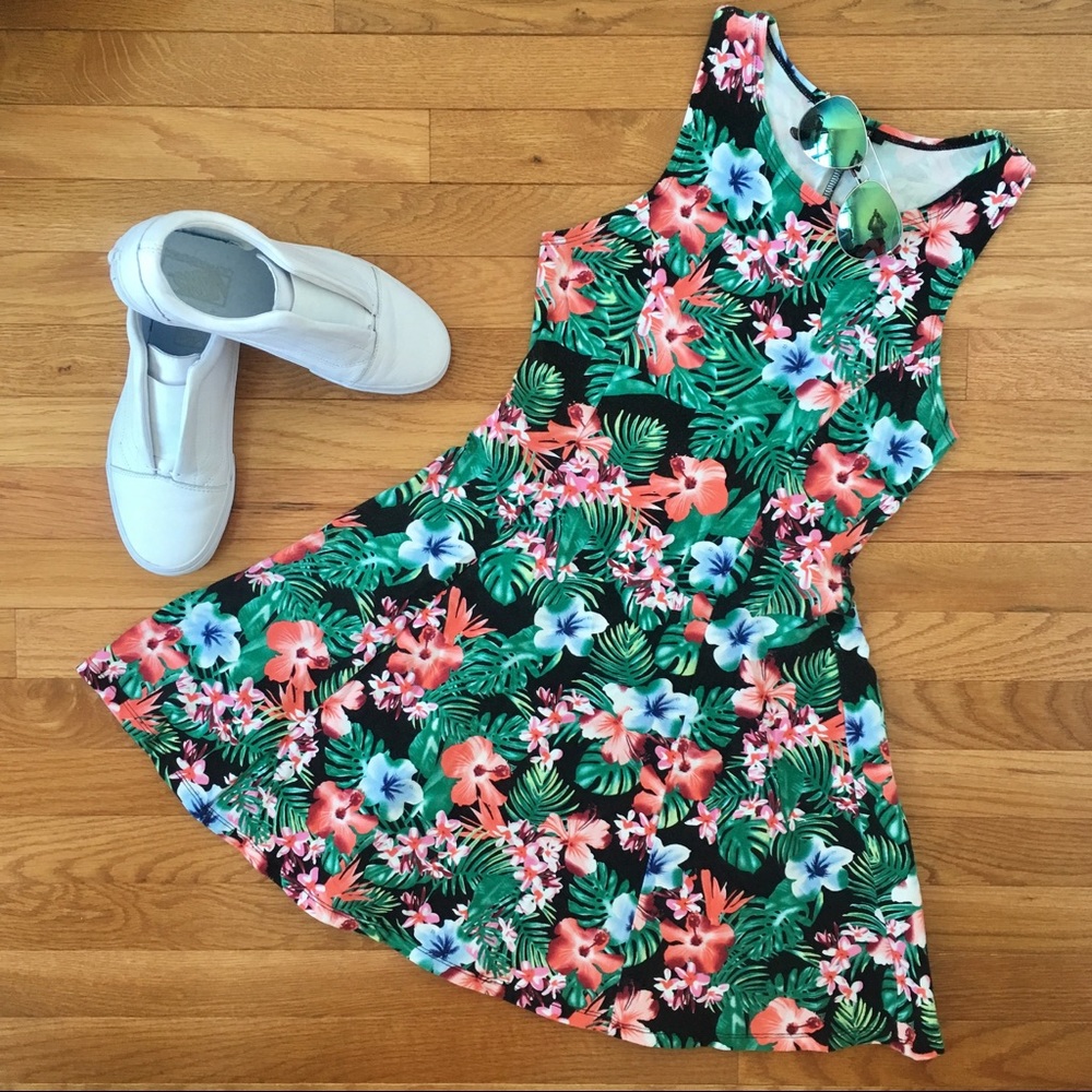  Tropical Palm Print Floral A-Line Skater Dress 